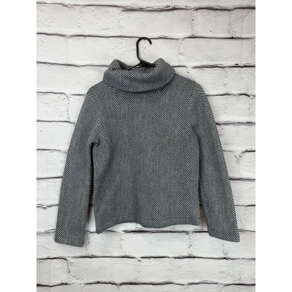 J.Crew Women Herringbone Funnel Neck Pullover Sweater Black White Fleece Lined S
